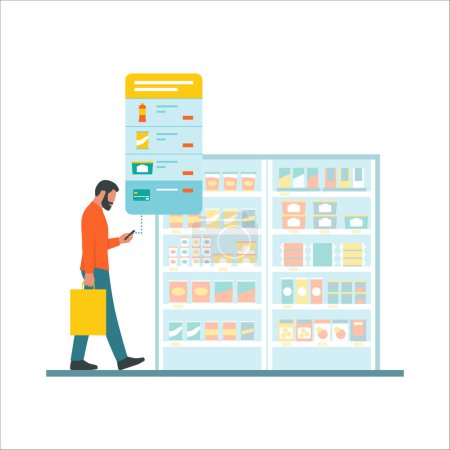 Illustration for Man doing grocery shopping at the supermarket: he is buying items using a mobile app, isolated on white background - Royalty Free Image