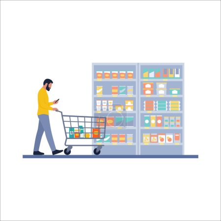 Illustration for Man doing grocery shopping at the supermarket: he is holding a smartphone and pushing a shopping cart, isolated on white background - Royalty Free Image