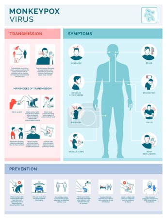 Ilustración de Transmisión del virus de la Monkeypox, síntomas e infografía vectorial de prevención con iconos - Imagen libre de derechos