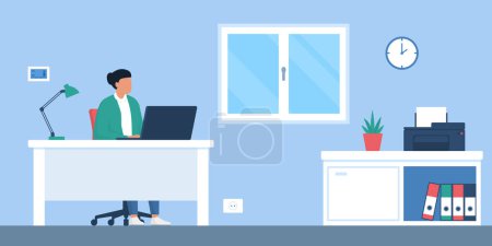 Illustration for Business woman working with a laptop in her home office, room interior - Royalty Free Image
