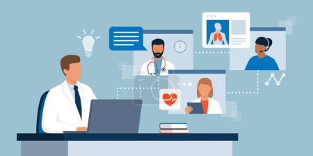 Illustration for Doctor sitting at desk and working with a laptop, he is having a conference call with other healthcare professionals online and accessing electronic medical records - Royalty Free Image