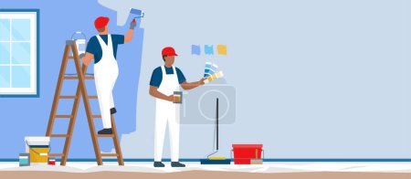 Illustration for Professional painters and decorators painting walls in a residential room with professional equipment - Royalty Free Image
