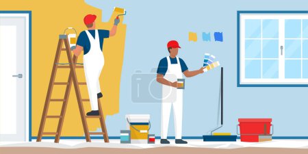 Téléchargez les illustrations : Peintres et décorateurs professionnels peignant des murs dans une pièce résidentielle avec un équipement professionnel - en licence libre de droit