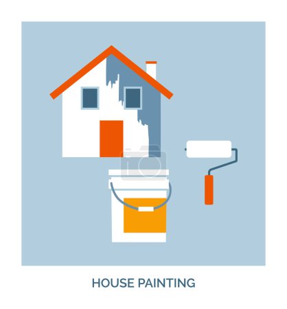 Illustration for Home renovation and improvement: house painting service with paint bucket and paint roller, concept icon - Royalty Free Image