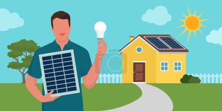 Illustration for Man showing a solar panel and an energy-efficient lightbulb, house in the background: eco-home and sustainability - Royalty Free Image