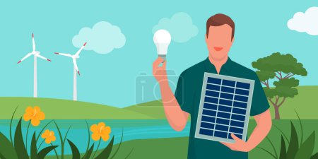 Téléchargez les illustrations : Efficacité énergétique et énergies renouvelables : l'homme montre un panneau solaire et une ampoule économe en énergie, des éoliennes en arrière-plan - en licence libre de droit