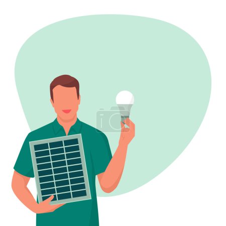 Illustration for Man holding a solar panel and an energy-efficient lightbulb, sustainable energy and ecology concept, social media post template with copy space - Royalty Free Image