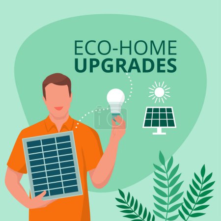 Illustration for Man holding a solar panel and an energy-efficient lightbulb, sustainable energy and ecology concept, social media post template with copy space - Royalty Free Image