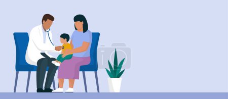 Illustration for Professional doctor giving a consultation to a mother with her baby, he is checking his heartbeat - Royalty Free Image