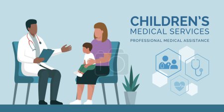Ilustración de Médico profesional que consulta a una madre con su bebé, cuidado de la salud y concepto de medicina - Imagen libre de derechos