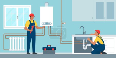 Téléchargez les illustrations : Plombier professionnel et ingénieur de chauffage au travail, ils vérifient la chaudière et la plomberie domestique - en licence libre de droit