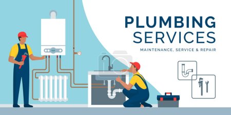 Illustration for Professional plumber and heating engineer at work, they are checking the boiler and home plumbing - Royalty Free Image