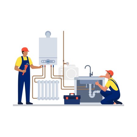 Téléchargez les illustrations : Plombier professionnel et ingénieur de chauffage au travail, ils vérifient la chaudière et la plomberie domestique - en licence libre de droit