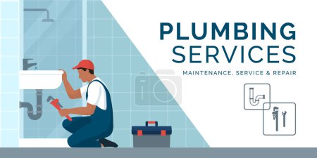 Téléchargez les illustrations : Service professionnel de plombiers : un plombier débouche un évier et vérifie le drain - en licence libre de droit
