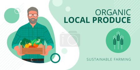 Vektor für Senior-Landwirt hält eine Kiste mit frischem Bio-Gemüse und -Obst: Nachhaltiger ökologischer Landbau und lokales Produktenkonzept, Banner mit Kopierfläche - Lizenzfreies Bild