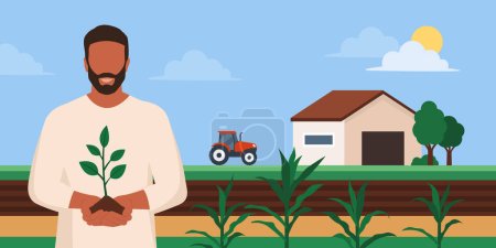 Ilustración de Granjero tradicional sonriente que sostiene el suelo y una planta, granja y campos que brotan en el fondo: agricultura sostenible, productos orgánicos y concepto de ecología - Imagen libre de derechos