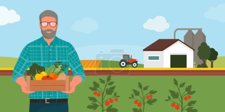 Ilustración de Agricultor senior sosteniendo una caja con verduras y frutas orgánicas frescas, granja en el fondo: agricultura orgánica sostenible y concepto de productos locales - Imagen libre de derechos