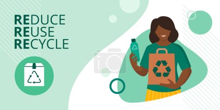 Smiling woman holding a plastic bottle and a bag made of recycled materials, sustainability and ecology concept, banner with copy space