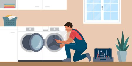 Illustration for Professional repairman fixing a washing machine at home - Royalty Free Image