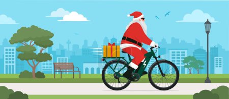 Illustration for Contemporary eco-friendly Santa Claus riding an e-bike and carrying a Christmas gift - Royalty Free Image