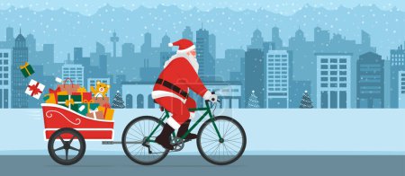 Illustration for Eco-friendly Santa Claus delivering Christmas gifts, he is riding a bicycle with a trailer in the city street - Royalty Free Image
