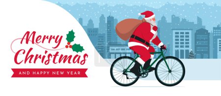 Illustration for Eco-friendly Santa Claus riding a bicycle and carrying a sack with gifts, copy space with Christmas wishes - Royalty Free Image