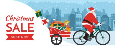 Santa Claus montando una bicicleta con remolque y entregando regalos de Navidad, concepto de venta de Navidad
