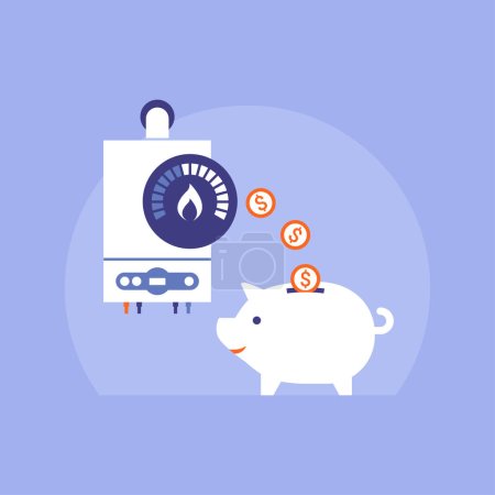 Illustration for Save money on your heating bill: energy efficient boiler and coins falling in a piggy bank - Royalty Free Image