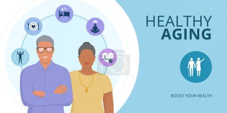 Illustration for Healthy aging icons and couple of happy seniors, healthcare and prevention banner with copy space - Royalty Free Image