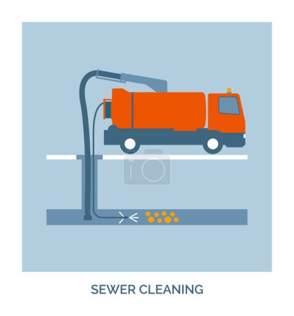 Illustration for Drain and sewer cleaning professional service, concept icon with vacuum truck - Royalty Free Image