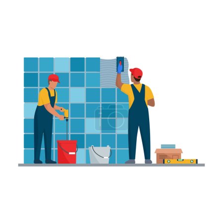 Illustration for Professional tilers installing tiles on a wall using professional tools, home renovation concept - Royalty Free Image