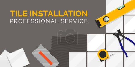 Illustration for Professional tile installation, banner with tiles and tools, home renovation and construction concept, blank copy space - Royalty Free Image