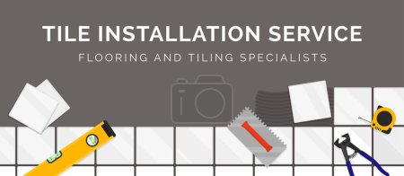 Professional tile installation, banner with tiles and tools, home renovation and construction concept, blank copy space