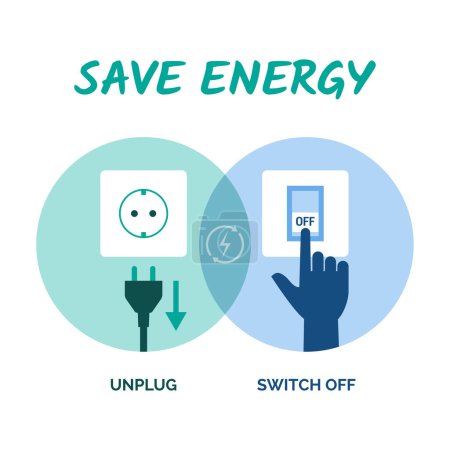Illustration for Saving energy tips: unplug appliances when not in use and switch off lights - Royalty Free Image