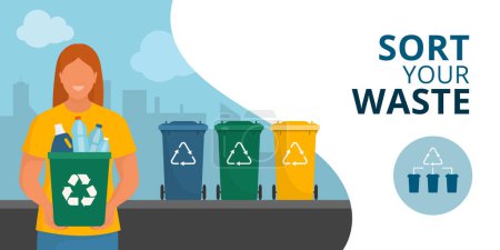 Illustration for Woman holding a trash can with plastic bottles inside: separate waste collection and recycling concept, banner with copy space - Royalty Free Image