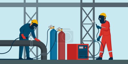 Illustration for Professional welders at work, they are welding a pipe and a steel frame - Royalty Free Image