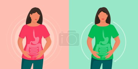 Téléchargez les illustrations : Femme souffrant de douleurs au ventre et de cicatrisation intestinale, comment améliorer votre digestion et maintenir des intestins sains - en licence libre de droit
