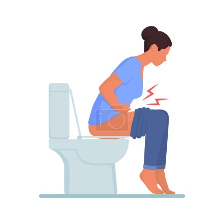 Téléchargez les illustrations : Femme constipée assise sur les toilettes, santé du côlon et maladies intestinales concept - en licence libre de droit