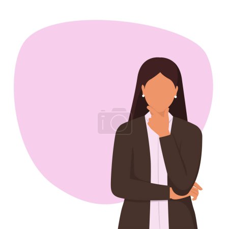 Pensive businesswoman thinking with hand on chin, solution and opportunity concept, social media template post with copy space, white background