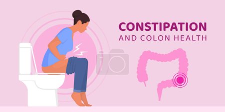 Ilustración de Mujer estreñida sentada en el inodoro, la salud del colon y el concepto de enfermedades intestinales - Imagen libre de derechos