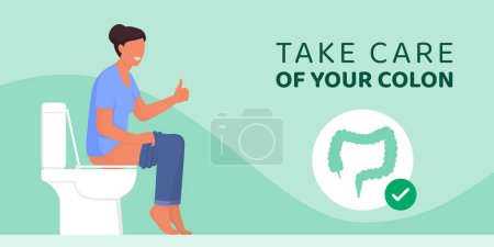 Ilustración de Mujer feliz sentada en el inodoro y dando un pulgar hacia arriba, concepto de colon saludable - Imagen libre de derechos