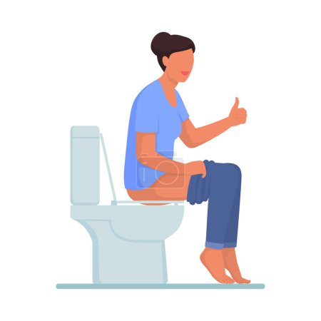Ilustración de Mujer feliz sentada en el inodoro y dando un pulgar hacia arriba, concepto de colon saludable - Imagen libre de derechos