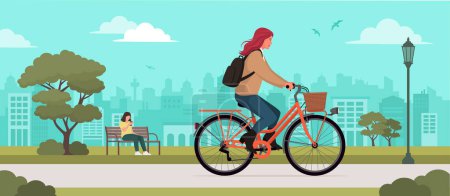 Ilustración de Mujer de moda montando en bicicleta en el parque, transporte y concepto de estilo de vida - Imagen libre de derechos