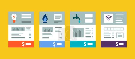 Illustration for Utility bills statements: electricity, natural gas, water, internet and telephone - Royalty Free Image