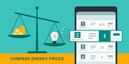 Téléchargez les illustrations : Comparez les prix de l'énergie et les fournisseurs sur l'application smartphone ; échelle avec argent comptant et ampoule montrant une offre de grande valeur - en licence libre de droit