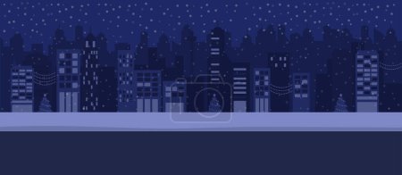 Téléchargez les illustrations : Paysage urbain avec décorations de Noël et neige la nuit, concept de Noël et d'hiver - en licence libre de droit