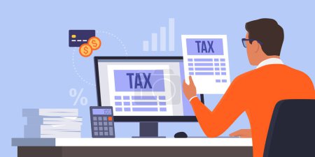 Téléchargez les illustrations : Homme d'affaires soumettant la déclaration de revenus en ligne, concept de paiement d'impôt - en licence libre de droit