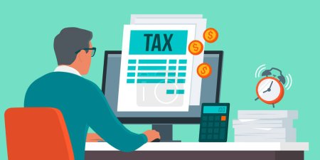 Téléchargez les illustrations : Homme d'affaires soumettant la déclaration de revenus en ligne, concept de paiement d'impôt - en licence libre de droit