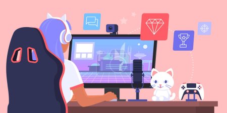 Téléchargez les illustrations : Mignon gamer girl avec écouteurs assis au bureau et jouer à des jeux vidéo en ligne, elle est en direct streaming - en licence libre de droit
