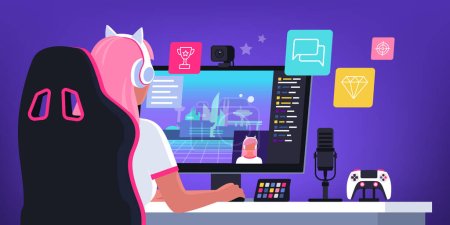 Professional cute gamer girl playing video games online: video games live streaming platform concept